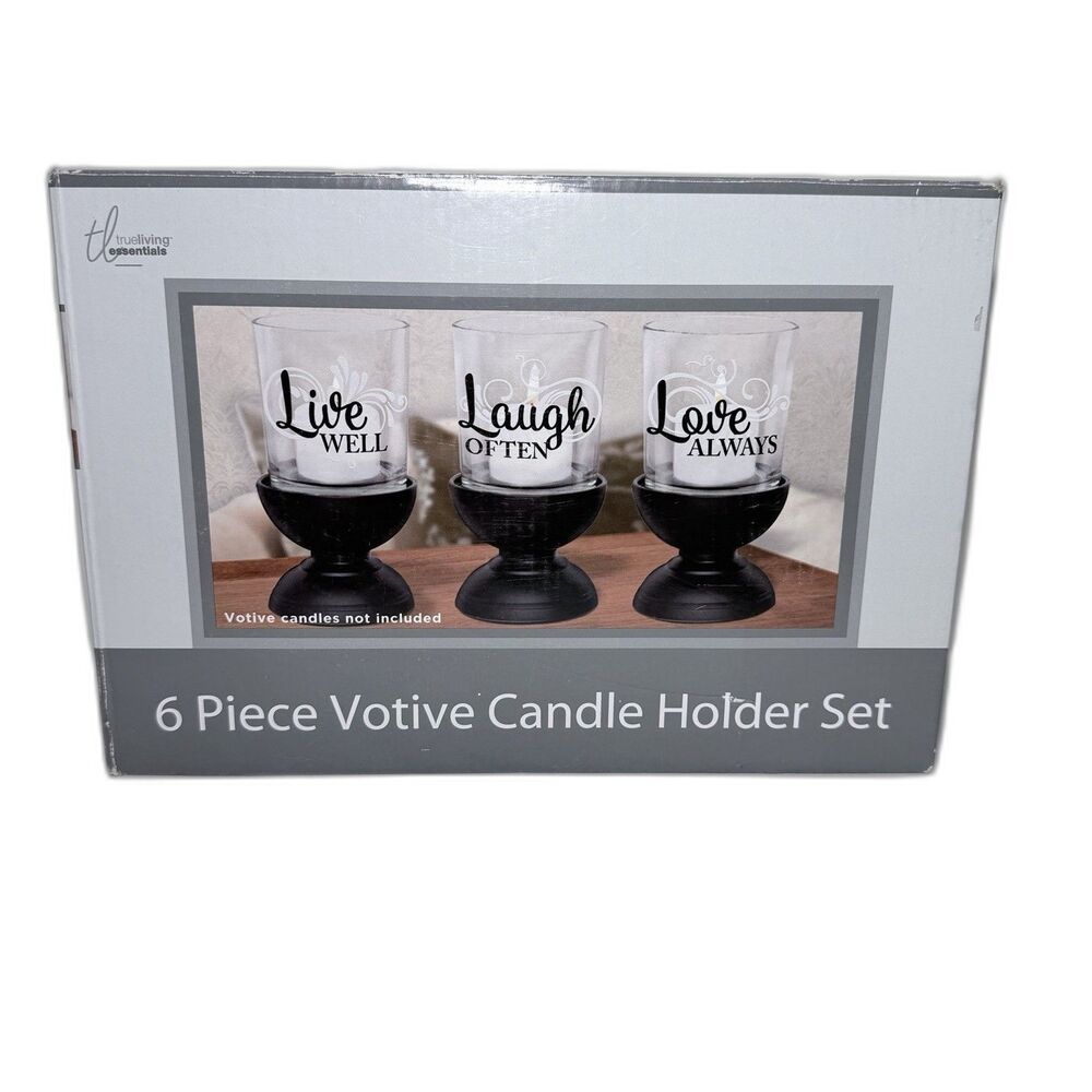 True Living Essentials 6 Piece Votive Candle Holder Set Live Laugh Love.New